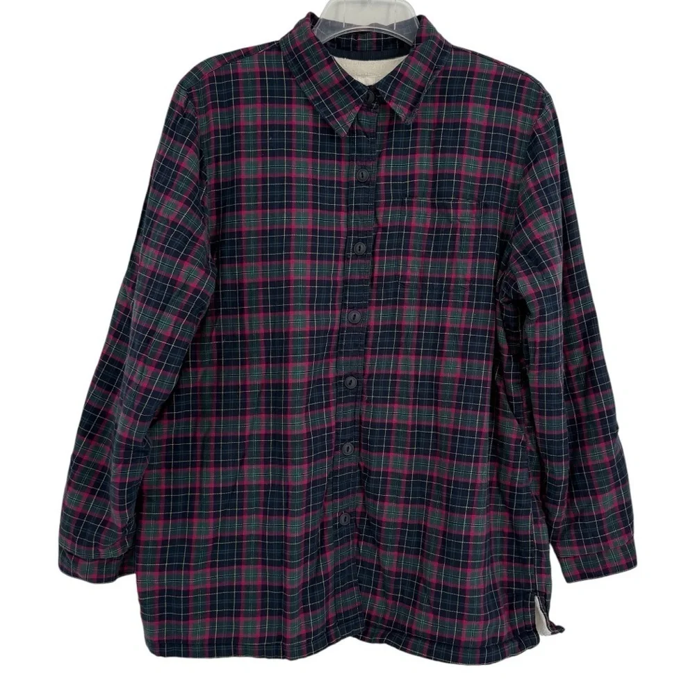 LL Bean Shirt Jacket Womens Size M Fleece Lined Flannel Plaid Button Up Blue Red - Picture 1 of 10